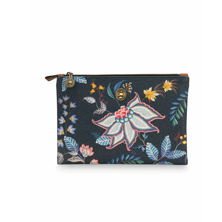 Cosmetic Flat Pouch Medium Flower Festival Dark Blue 24x15.5x1cm