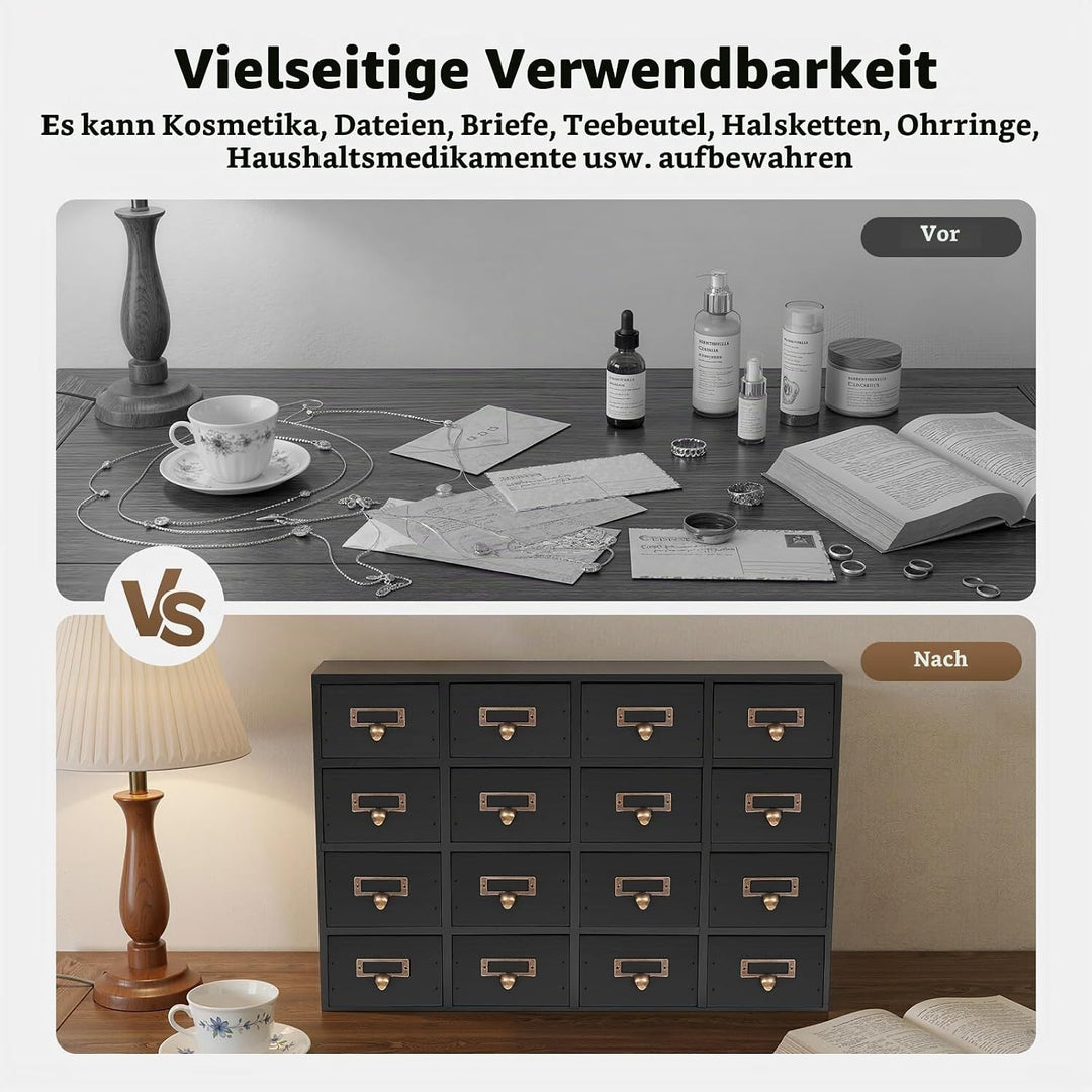Klein Kommode mit 16 Schubladen, Mini Schubladenschrank Holz Schubladenbox Vintage Aufbewahrungsschr