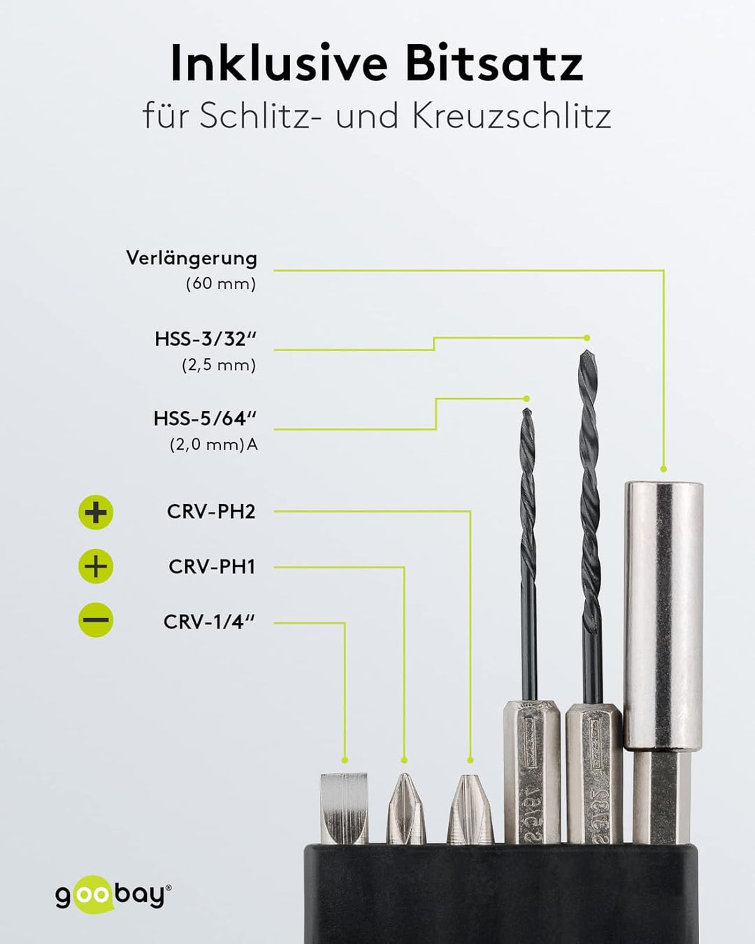 Goobay 71880 Akkuschrauber kompakter Knickschrauber mit Li-Ion Akku inklusive Bitsatz und Ladegerät,