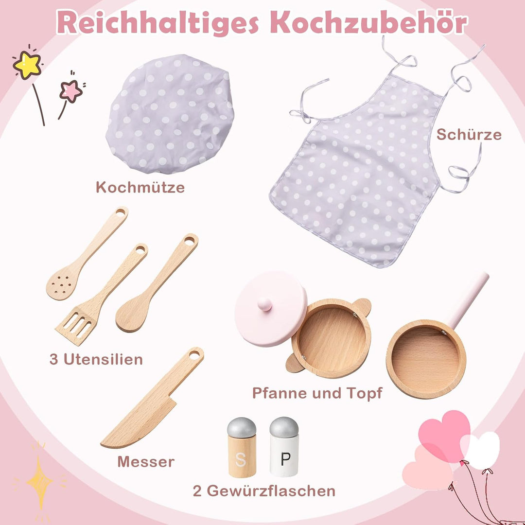 COSTWAY Kinderküche mit 10 Zubehör, Spielküche Holz mit Licht und Sound, Spielzeugküche mit Herd & S