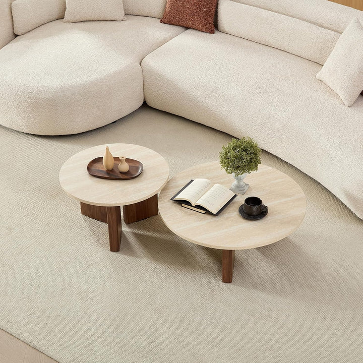 Home-Heaven® Couchtisch Rund Travertin mit Braun Holz – Set von 2 Ø76 cm & Ø58 cm, Travertin