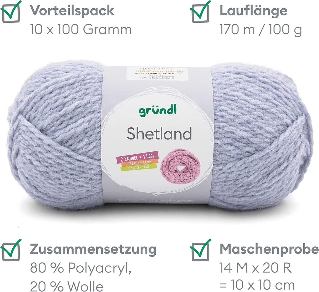 Gründl Shetland Wolle (modisches und weiches Strickgarn aus 80% Polyacryl und 20% Wolle, 100 g / 170