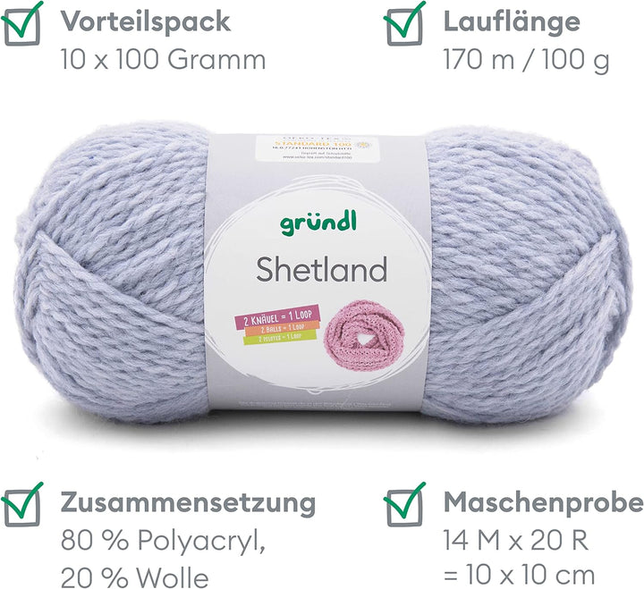 Gründl Shetland Wolle (modisches und weiches Strickgarn aus 80% Polyacryl und 20% Wolle, 100 g / 170