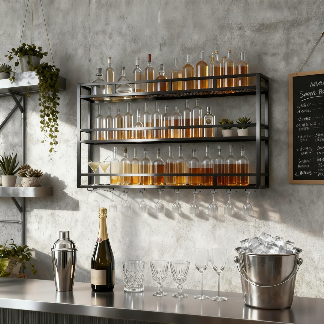 Weinregal zur Wandmontage aus Metall, 3-stufig mit Glashalter, stabiles Wand-Weinregal mit Schutzgel