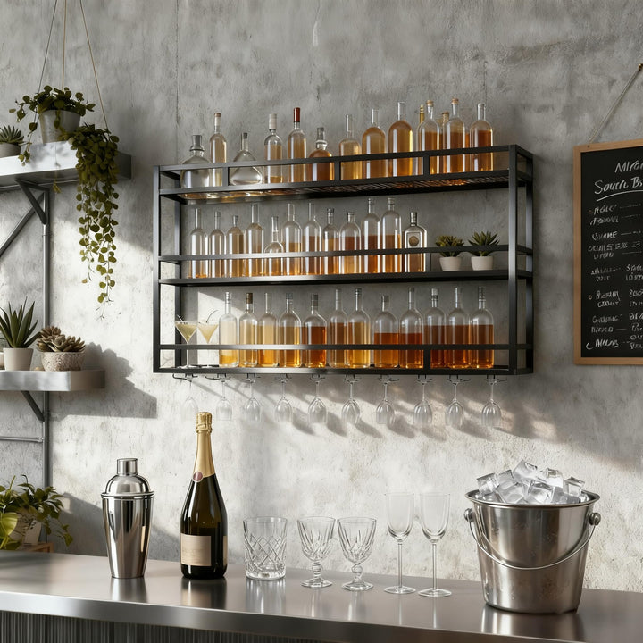 Weinregal zur Wandmontage aus Metall, 3-stufig mit Glashalter, stabiles Wand-Weinregal mit Schutzgel