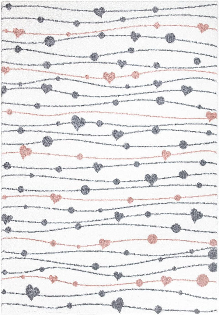 carpet city Teppich Kinderzimmer Herzen - Creme - 160x230 cm - Kinderteppich Kurzflor mit Punkten, S