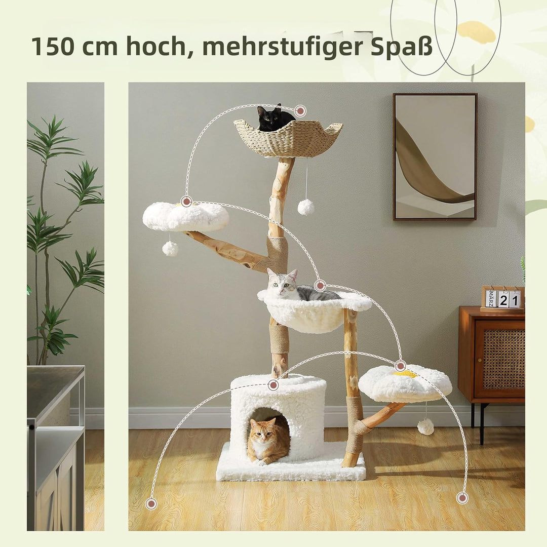 PETEPELA Kratzbaum für Wohnungskatzen, 150 cm hoher moderner Katzenbaum für grosse Katzen, mit 3 gro