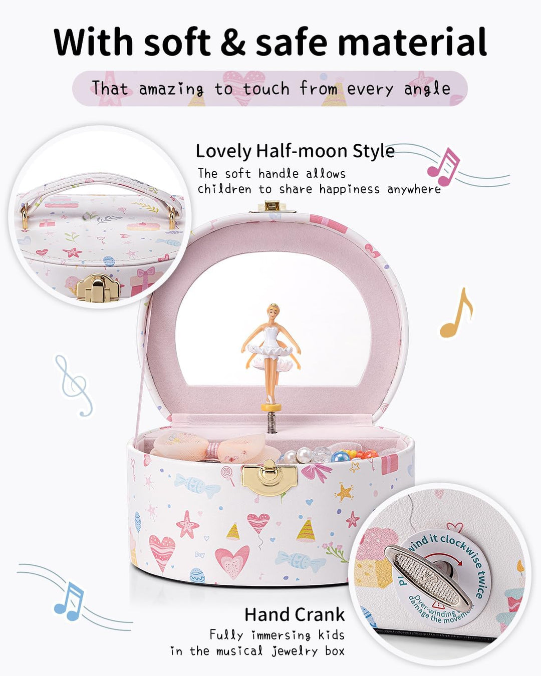 VLANDO Schmuckkästchen Mädchen mit Spieluhr, Schmuckkasten Kinder mit Drehendem Ballerina & Spiegel,