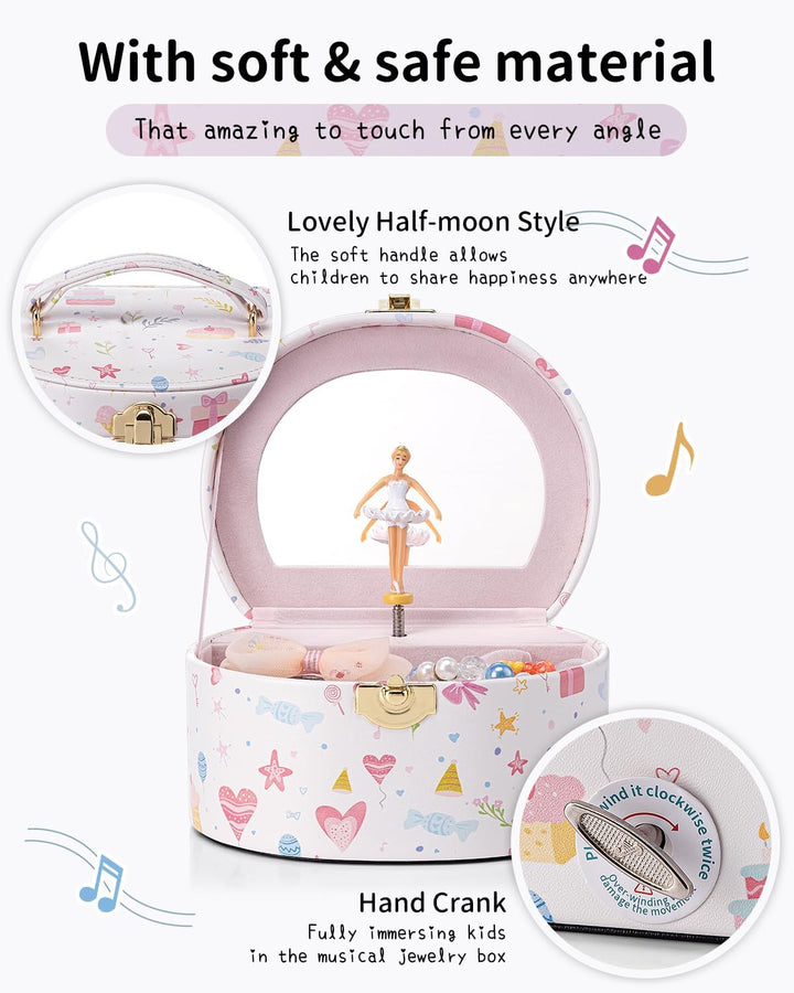 VLANDO Schmuckkästchen Mädchen mit Spieluhr, Schmuckkasten Kinder mit Drehendem Ballerina & Spiegel,
