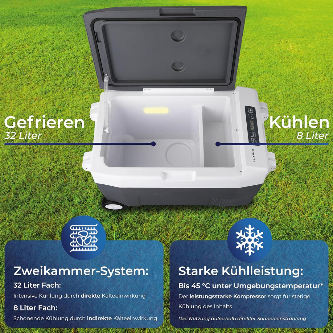 KLAMER Kühlbox XXL, elektrische Kühlbox 40L mit Kompressor, 2 Anschlüsse: 230V & 12V für Zigarettena