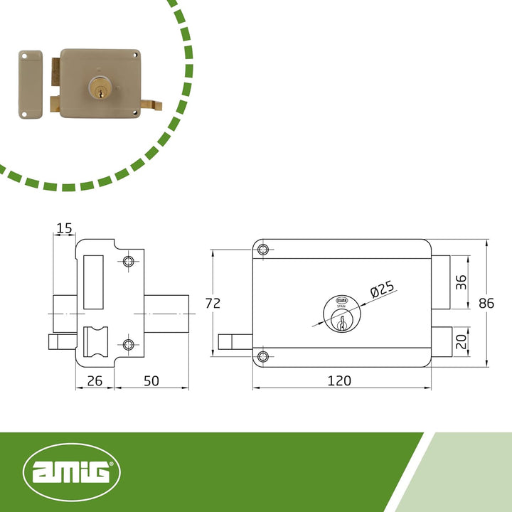 Amig - Aufschraubschloss DIN rechts mit Schliesshebel, Falle und Ziehgriff für Holztüren Mod. 78-120