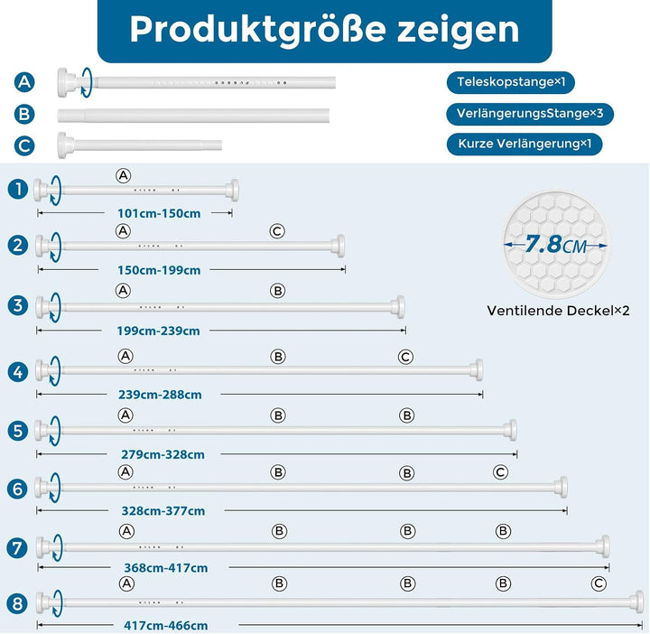AIZESI 1 Stück Gardinenstange ohne Bohren 105-465cm Teleskopstange Vorhang Verstellbare Gardinenstan