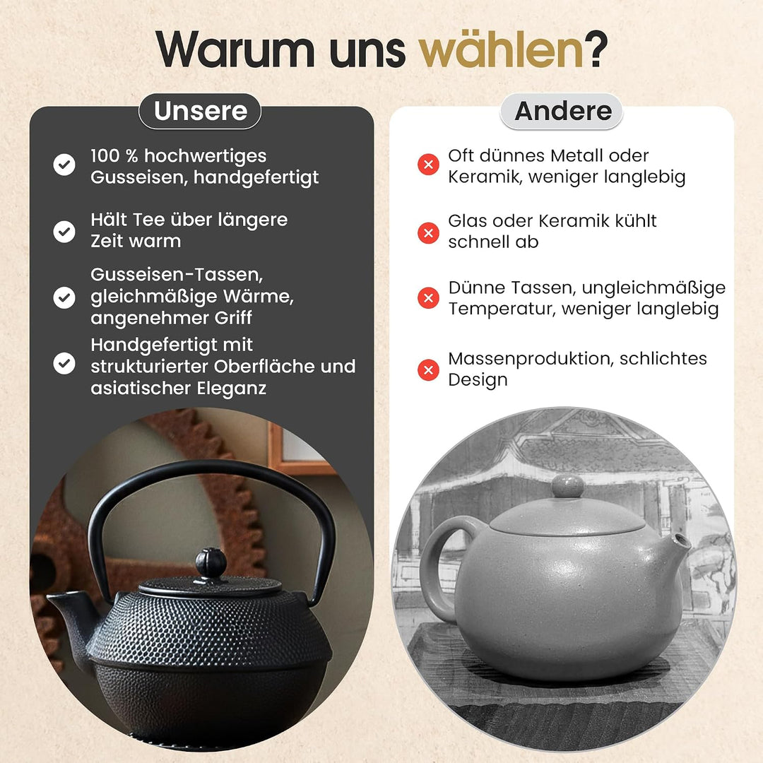 DIMONO® Japanische Teekanne aus Gusseisen 1300ml inkl. Edelstahl Sieb | Hält Tee extra lange warm, a