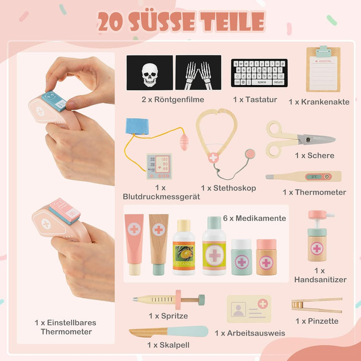DREAMADE Arztspielset für Kinder, Krankenhaus aus Holz mit Sehtest, CT-Spielgerät & Röntgenapparat,