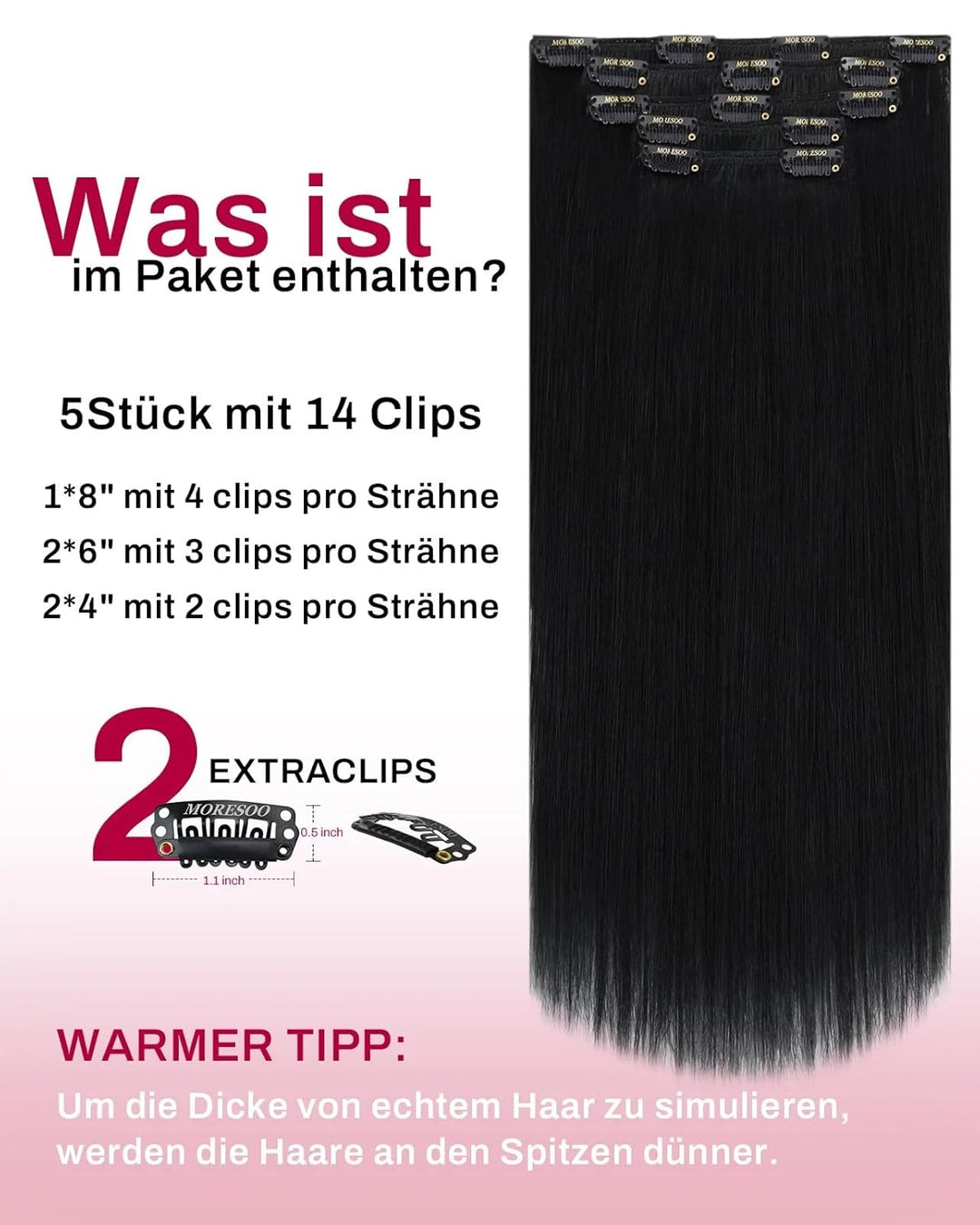 Moresoo Clip in Extensions Echthaar Schwarz Doppelt Tressen Echthaar Extensions Clip Glatt Dick Haar