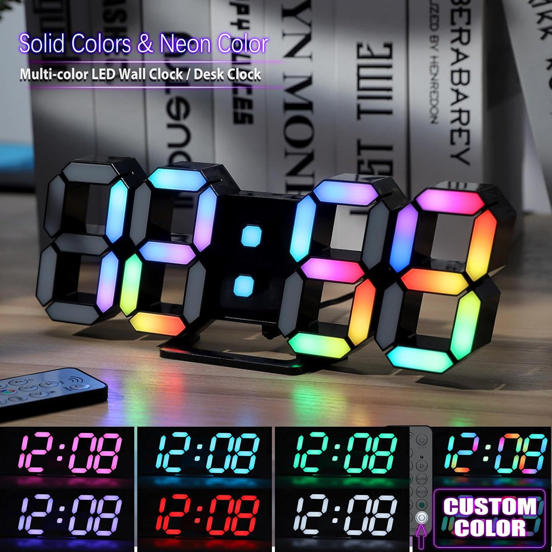 LED-Digitaluhr, Neonuhr, 24,6 cm, schwarz, Gaming-Uhr, RGB-LED-Wanduhr für Wohnzimmer, Schreibtischu