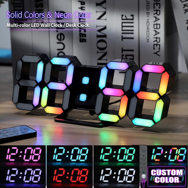LED-Digitaluhr, Neonuhr, 24,6 cm, schwarz, Gaming-Uhr, RGB-LED-Wanduhr für Wohnzimmer, Schreibtischu