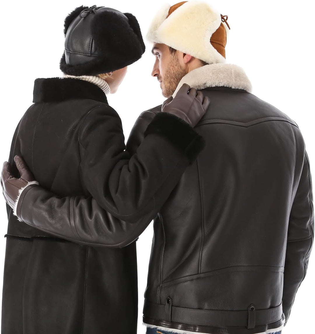Unisex Fliegermütze aus Schafsleder, Russische Ushanka Trapper Winterfellmütze L cognac, L cognac