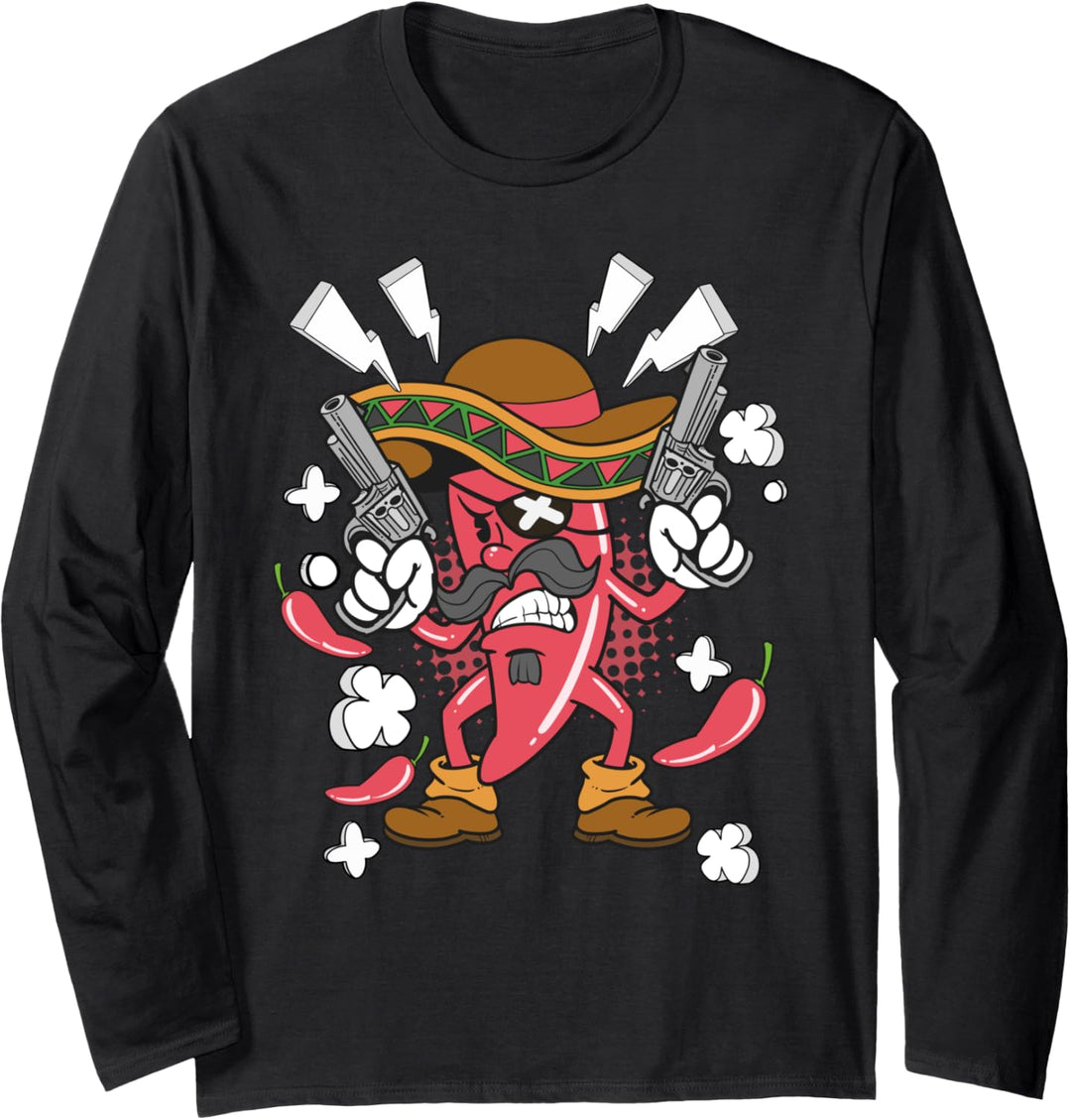 Lustiger Retro Chili Schote Pepper Bandit Scharf Räuber Langarmshirt