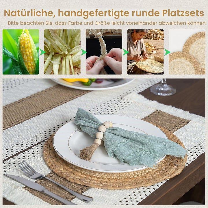 6 Stück Tischsets mit Ladeteller, Tischsets und Serviettenringe, hergestellt aus natürlichem Baumwol