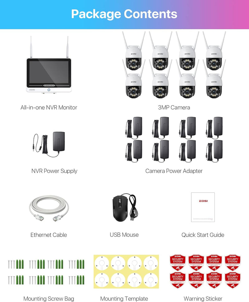 ZOSI 2K Überwachungskamera Set Aussen WLAN mit 12.5" Monitor, 8X 3MP Pan/Tilt Überwachungskamera Out