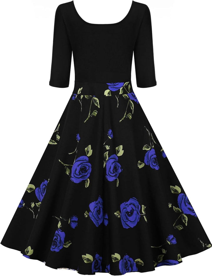 AXOE Damen A-Linie Kleid 60er Jahre Rockabilly 3/4 Ärmel