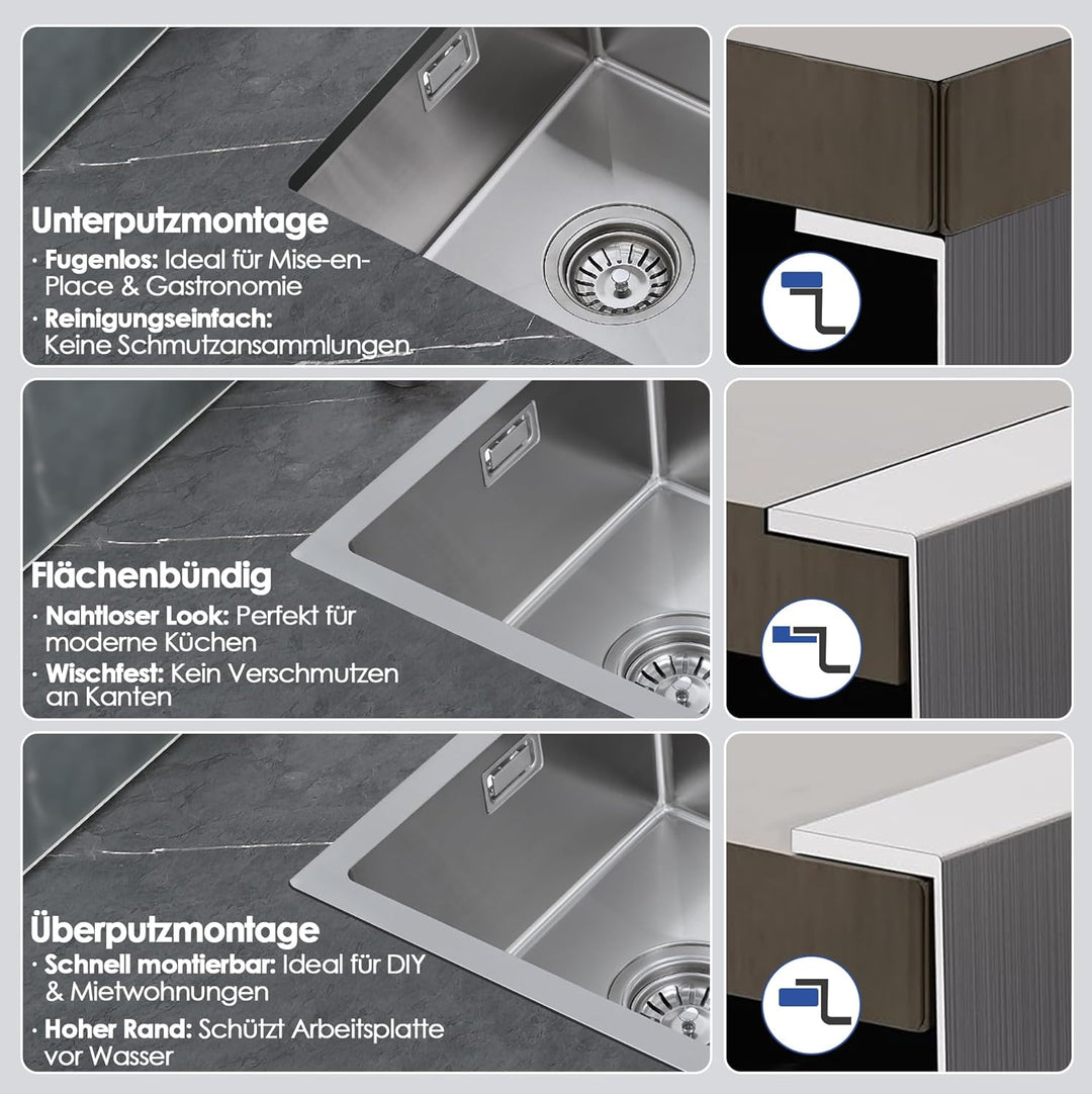 ROVOGO 304 Edelstahl Spülbecken Klein 40 x 34 cm, Schmal Spüle Küche mit Siebkorbventil und Überlauf