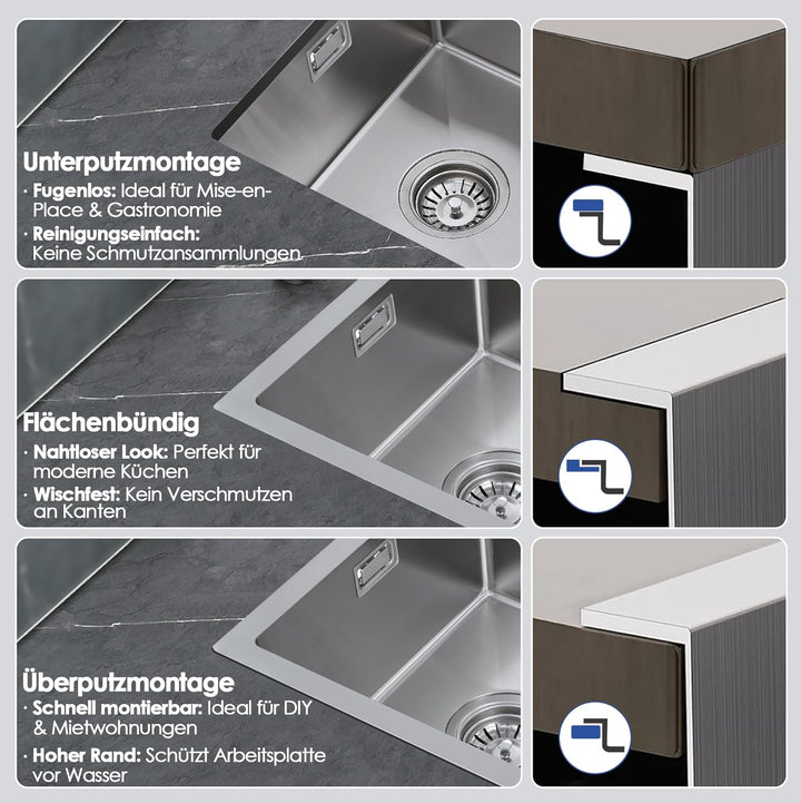 ROVOGO 304 Edelstahl Spülbecken Klein 40 x 34 cm, Schmal Spüle Küche mit Siebkorbventil und Überlauf