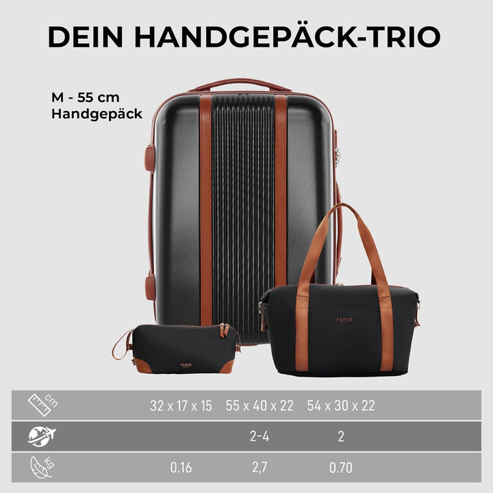 FERGÉ Handgepäck Koffer Set 3 teilig Kabinenkoffer Hartschale 55 x 40 x 22 cm + Reisetasche + Kultur