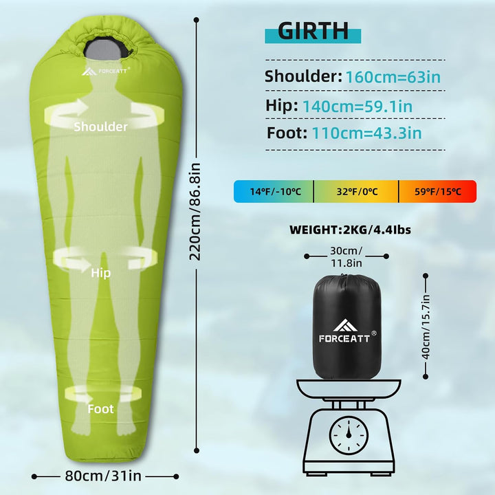 Forceatt Schlafsack -10°C~15°C 4 Jahreszeiten, Mumienschlafsack Winter für Erwachsene Wasserdicht, S
