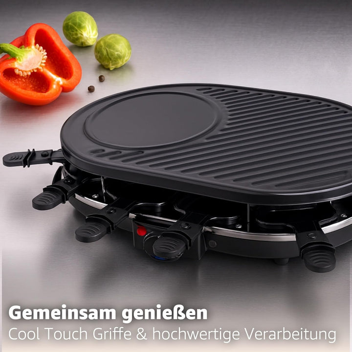 Raclette Set für 8 Personen - Grill oval - Mit Crepes Funktion - Tischgrill inkl. Pfännchen & Schabe