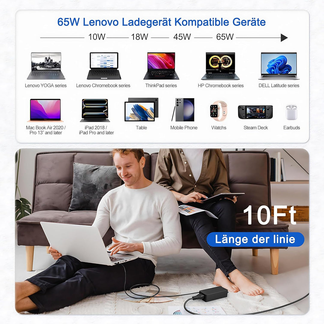 65W USB C Netzteil für Lenovo Ladekabel Laptop Ladegerät für LenovoThinkpad/IdeaPad/Touch/Yoga/Chrom