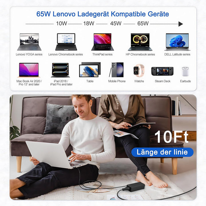 65W USB C Netzteil für Lenovo Ladekabel Laptop Ladegerät für LenovoThinkpad/IdeaPad/Touch/Yoga/Chrom