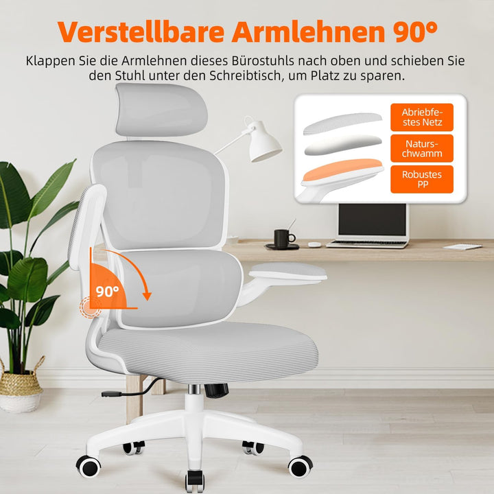 Bürostuhl, Bürostuhl Ergonomisch mit Klappbaren Armlehnen und Lendenwirbelstütze, Verstellbarer Kopf