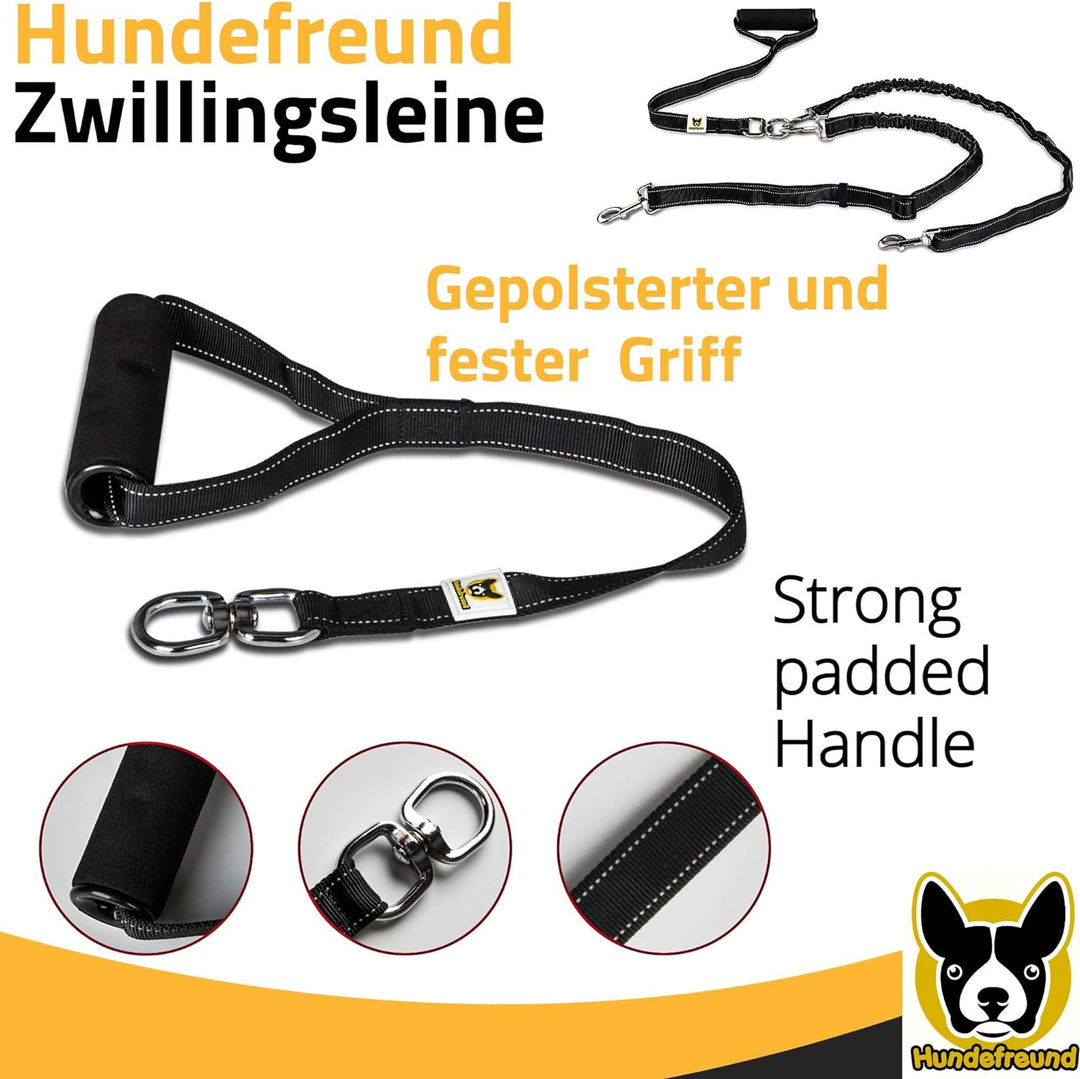 Zwillingsleine - Hundeleine für 2 grosse Hunde ab 20 kg - Doppelleine dehnbar reflektierend 150 bis