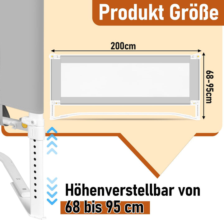 Ansobea 200cm Bettgitter｜Kinderbettschutz mit U-förmige Füsse｜Kinderbettgitter Faltbar｜Bettschutzgit