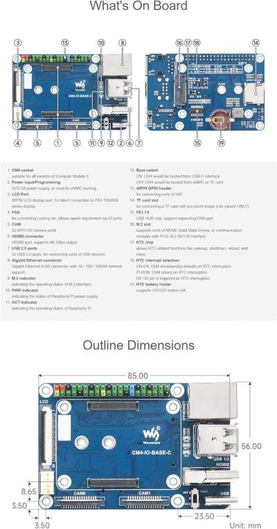 Mini Base Board (C) for Raspberry Pi Compute Module 4 (CM4), 40PIN LCD Connector, Gigabit Ethernet R