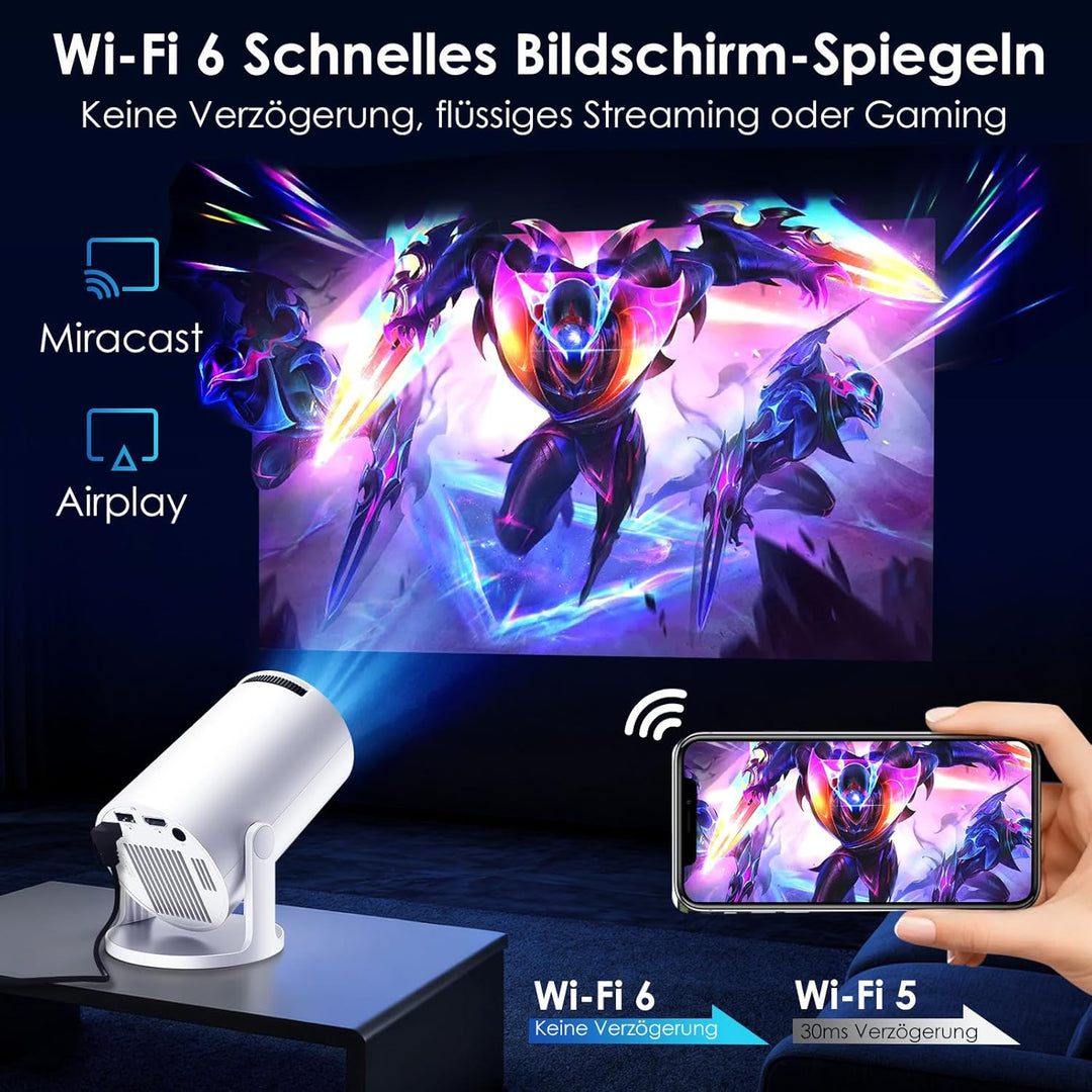 WOLFANG Mini Beamer【Integrierte Apps & WiFi 6】 1080P Tragbarer Projektor mit Bluetooth 5.4 und Auto