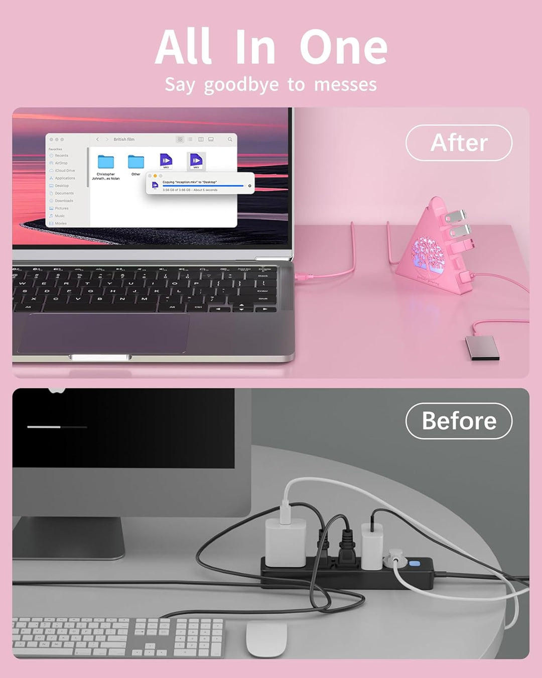 7-Port USB 3.0 Hub, RGB USB Hub mit RGB Baumlicht und 0,6m Kabel, USB Hub 3.0 Rosa USB Expander für
