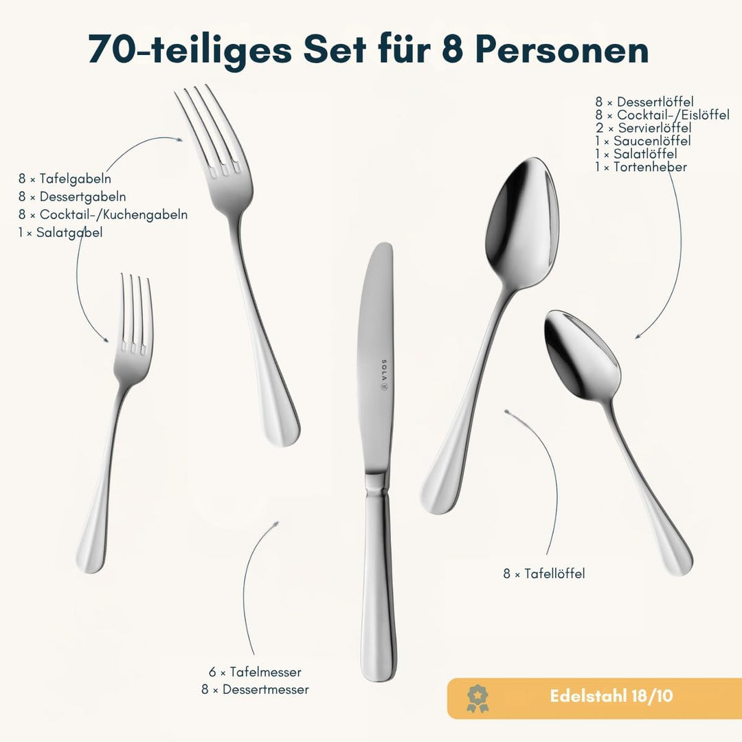 Sola Hollands Glad Besteck Set - 8 Personen Essbesteck - 70 Teilig, 18/10 Rostfreiem Stahl - Robuste