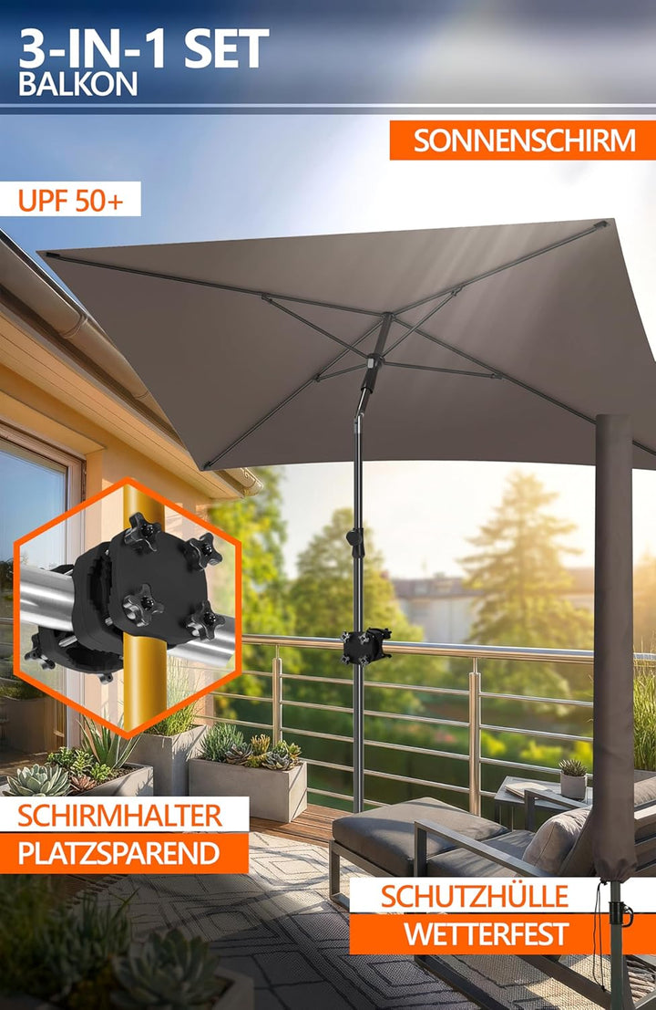 4smile Sonnenschirm Balkon SunnyShade 3-in-1 SET in Taupe - UPF 50+ Sonnenschirm rechteckig 200 x 12