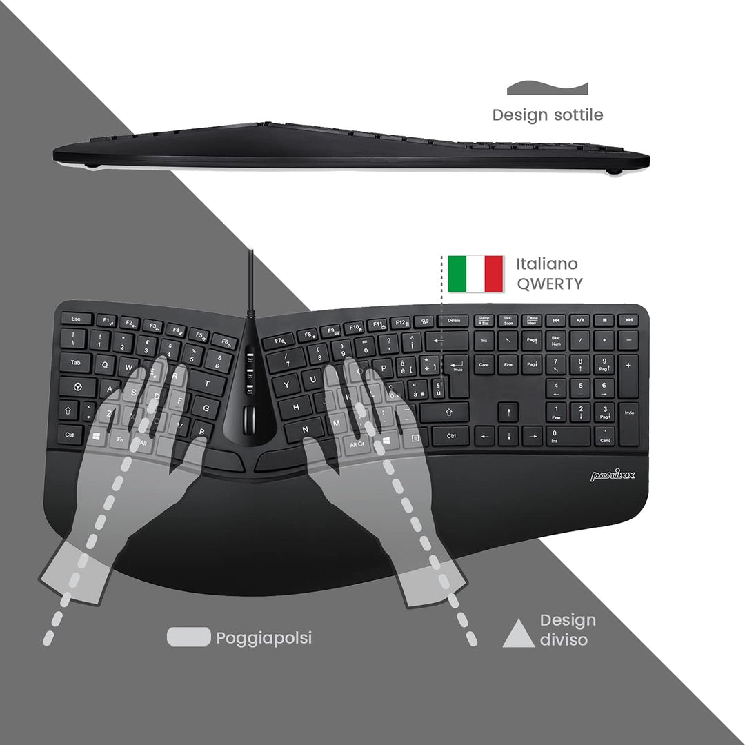 Perixx Periduo, Set, ergonomische Tastatur mit vertikaler Maus. Full-Size USB, Full-Size USB