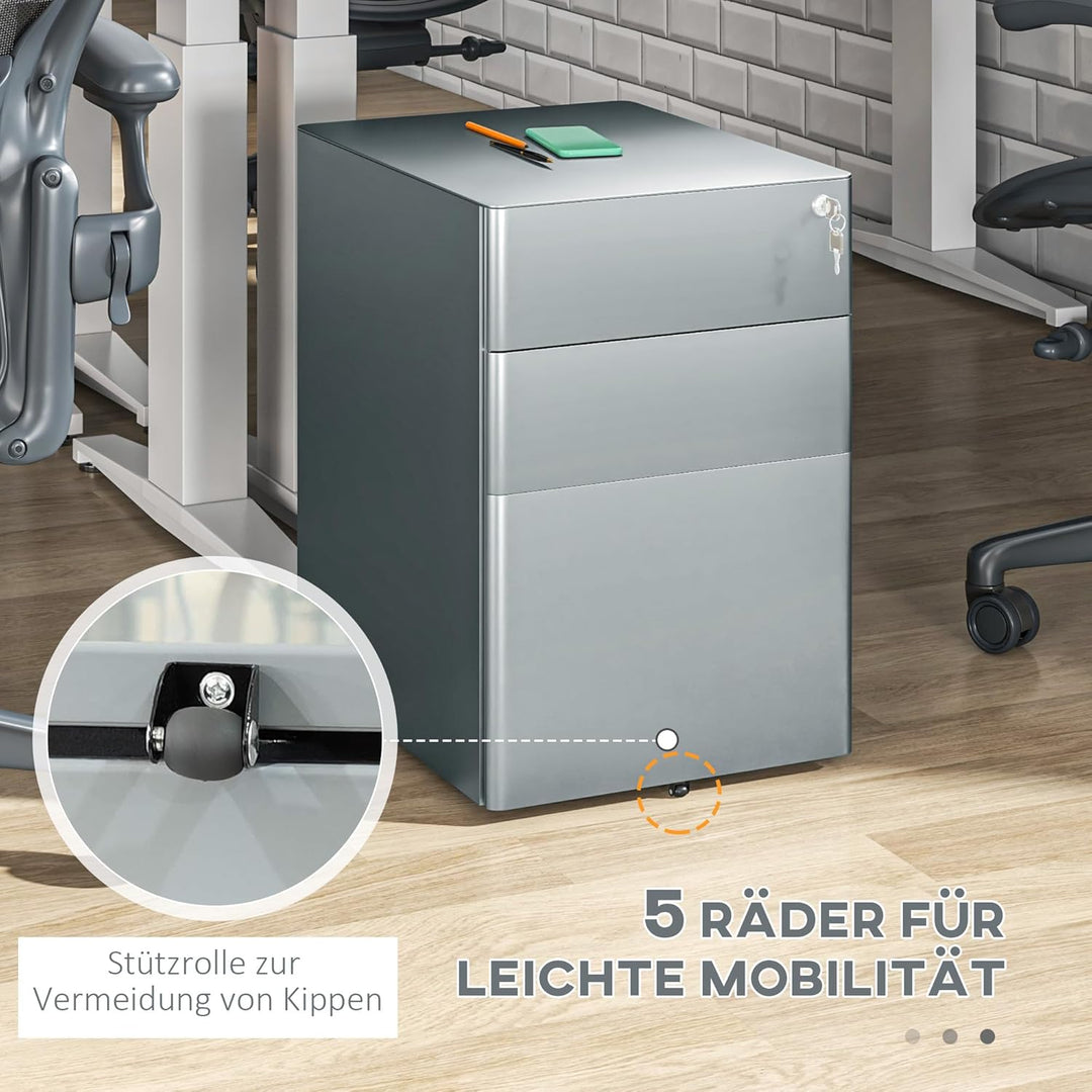 Vinsetto Rollcontainer, mobiler Aktenschrank mit 3 Schubladen, abschliessbarer Büroschrank mit Hänge