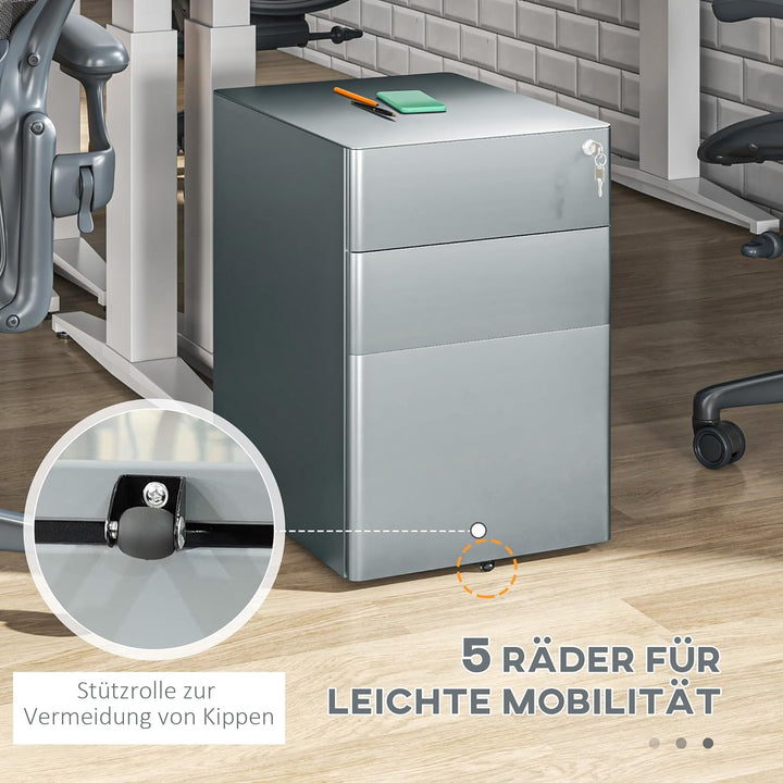 Vinsetto Rollcontainer, mobiler Aktenschrank mit 3 Schubladen, abschliessbarer Büroschrank mit Hänge