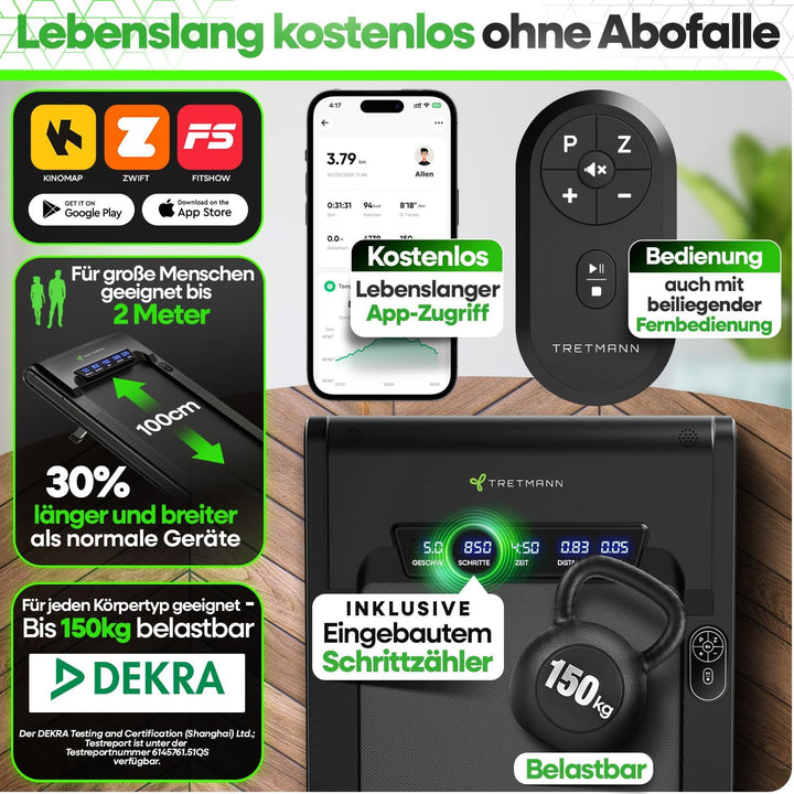 NEU Tretmann Walking Pad mit Steigung klappbar – extra leise [LongLife Laufdeck] mit App bis 150 kg
