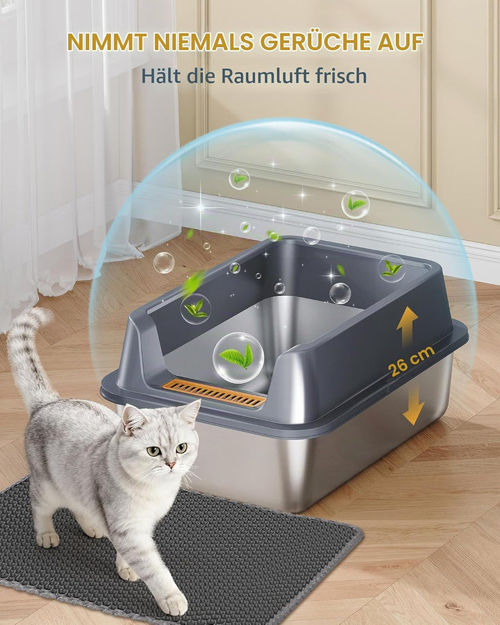 Hzuaneri Katzenklo Edelstahl XXL, 60 × 40 × 26 cm, Katzenklo mit Hoher Rand, mit XL-Matte, Schaufel,