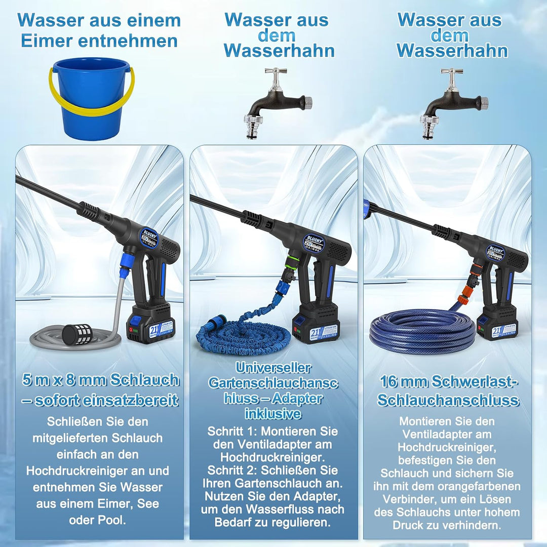 Blucky Akku Hochdruckreiniger Pressure Washer mit 2 Akkus - Direkt an Wasserhahn anschliessbar - Mob