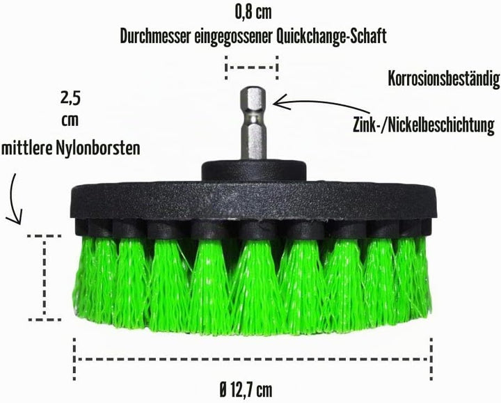 Premium Bohrbürste Professional – Mittelstark 13 cm Grün 3er-Set | Kratzfreie Küchen-Reinigungsbürst