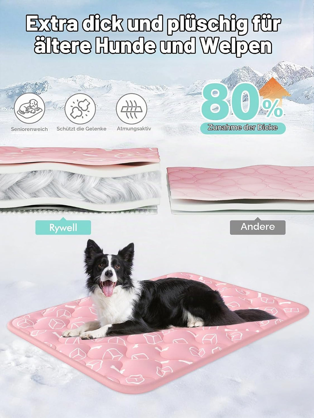 Rywell Kühlmatte für Hunde 110x80 cm, Plus Version, Selbstkühlend mit Arc-Chill-Gewebe, Verdickt, Fa