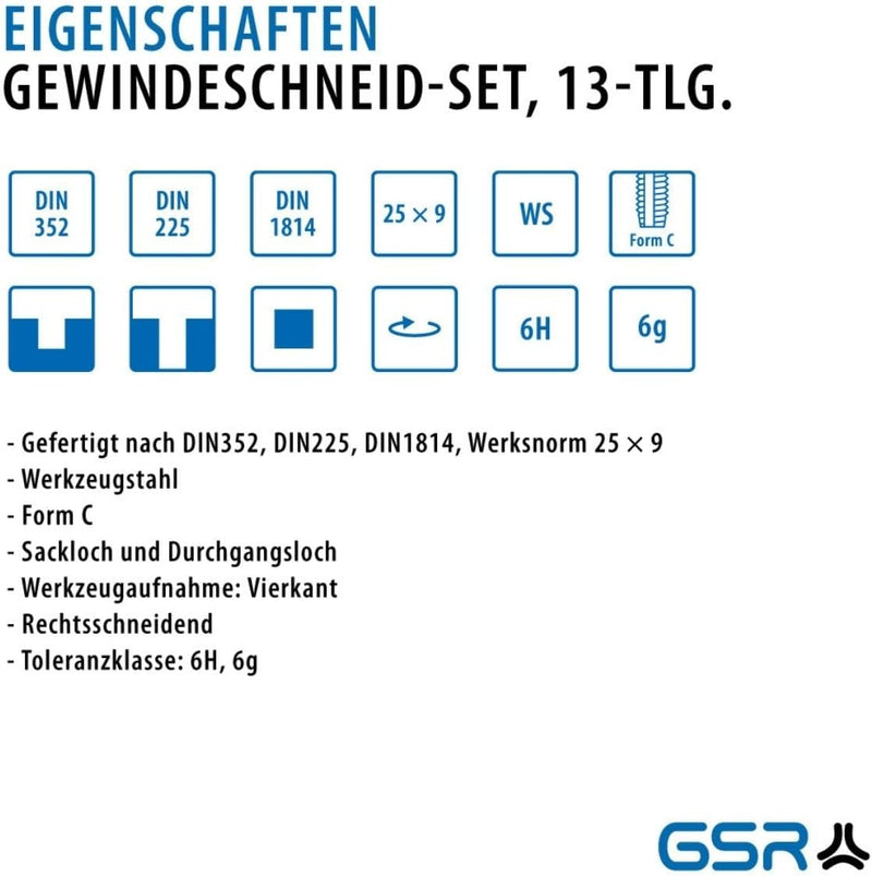 GSR Profi Gewindeschneidsatz, 14-teilig, Gewindebohrer Set M3-M12 WS, Handgewindebohrer, Gewindeschn